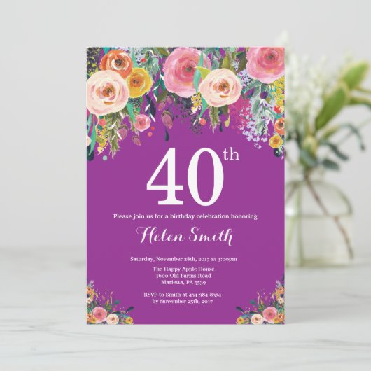 Paarse Bloemen 40ste Verjaardag Uitnodiging (Staand voorkant)