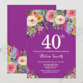 Paarse Bloemen 40ste Verjaardag Uitnodiging (Voorkant / Achterkant)