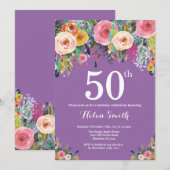 Paarse bloemen 50ste verjaardag kaart (Voorkant / Achterkant)