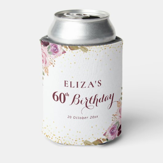 Paarse bloemen 60e verjaardagsfeestje blikjeskoeler (Blikje Achterkant)