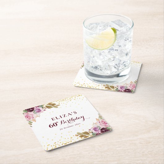 Paarse bloemen 60e verjaardagsfeestje kartonnen onderzetters (Insitu)