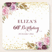 Paarse bloemen 60e verjaardagsfeestje kartonnen onderzetters (Voorkant)