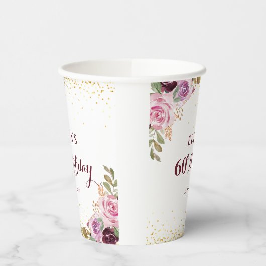 Paarse bloemen 60e verjaardagsfeestje papieren bekers (Links)