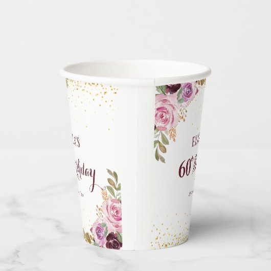 Paarse bloemen 60e verjaardagsfeestje papieren bekers (Rechts)