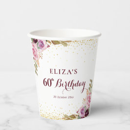 Paarse bloemen 60e verjaardagsfeestje papieren bekers