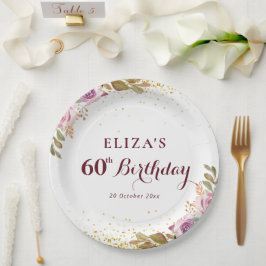 Paarse bloemen 60e verjaardagsfeestje papieren bordje
