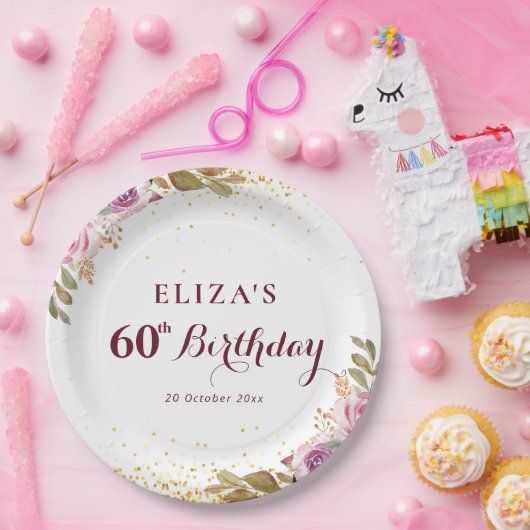 Paarse bloemen 60e verjaardagsfeestje papieren bordje (Feest)