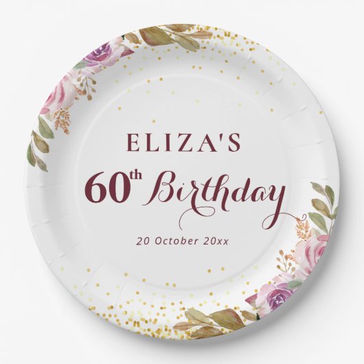 Paarse bloemen 60e verjaardagsfeestje papieren bordje (Voorkant)