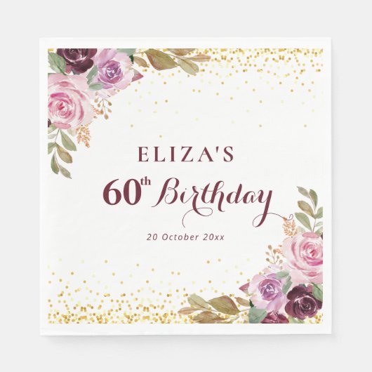 Paarse bloemen 60e verjaardagsfeestje servet (Voorkant)
