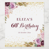 Paarse bloemen 60e verjaardagsfeestje wijn etiket (Enkel label)