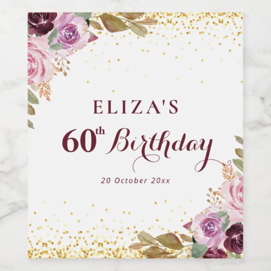 Paarse bloemen 60e verjaardagsfeestje wijn etiket (Enkel label)