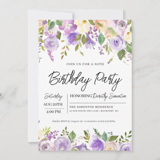  Paarse Bloemen 60ste Verjaardagsfeest Kaart (Voorkant)