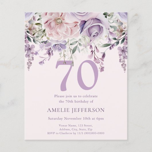 Paarse Bloemen 70e Budget Verjaardagsuitnodiging (Voorkant)
