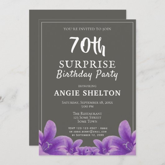 Paarse bloemen 70e verrassingsverjaardagsfeestje kaart (Voorkant / Achterkant)