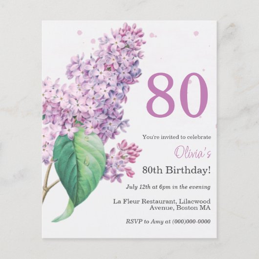 Paarse Bloemen | 80e Budget Verjaardag Uitnodiging (Voorkant)