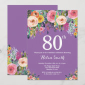 Paarse bloemen 80ste verjaardag kaart (Voorkant / Achterkant)