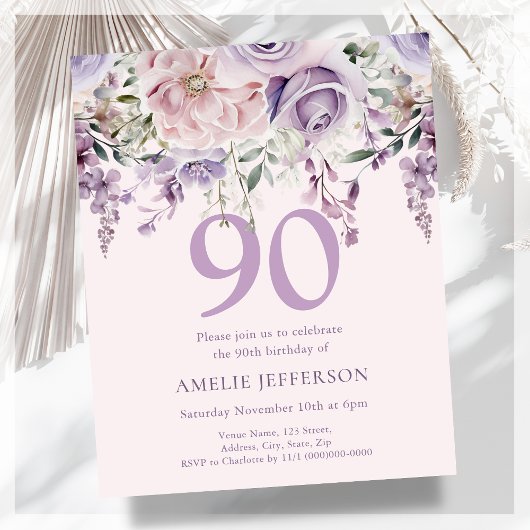 Paarse Bloemen 90e Budget Verjaardagsuitnodiging