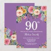 Paarse Bloemen 90ste Verjaardag Uitnodiging (Voorkant / Achterkant)