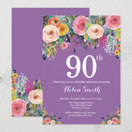 Paarse Bloemen 90ste Verjaardag Uitnodiging (Voorkant / Achterkant)
