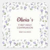 Paarse Bloemen Achtergrond Eerste Communie Vierkante Sticker (Voorkant)