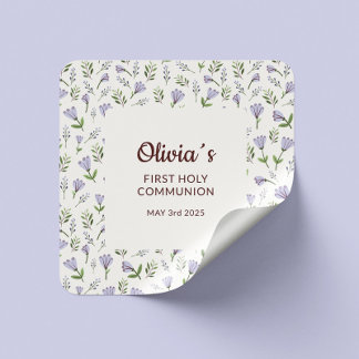 Paarse Bloemen Achtergrond Eerste Communie Vierkante Sticker