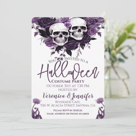 Paarse Bloemen Adult Halloween Party Kaart (Staand voorkant)