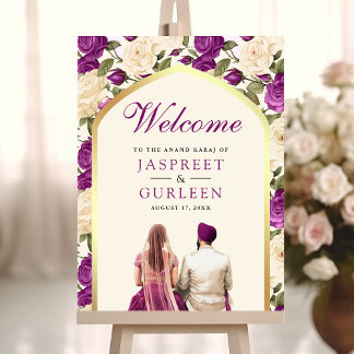 Paarse Bloemen Anand Karaj Bruiloft Welkomstbord Poster