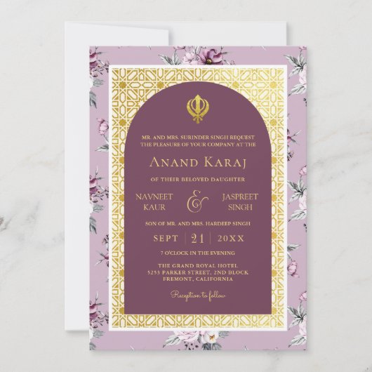 Paarse Bloemen Anand Karaj Punjabi Sikh Bruiloft Kaart (Voorkant)