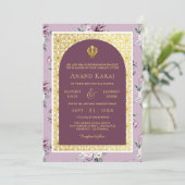 Paarse Bloemen Anand Karaj Punjabi Sikh Bruiloft Kaart (Staand voorkant)