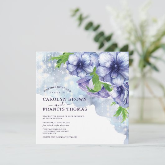 Paarse Bloemen Anemoon String Lights Wedding Kaart (Staand voorkant)