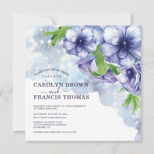 Paarse Bloemen Anemoon String Lights Wedding Kaart (Voorkant)