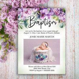 Paarse bloemen baby doop foto kaart