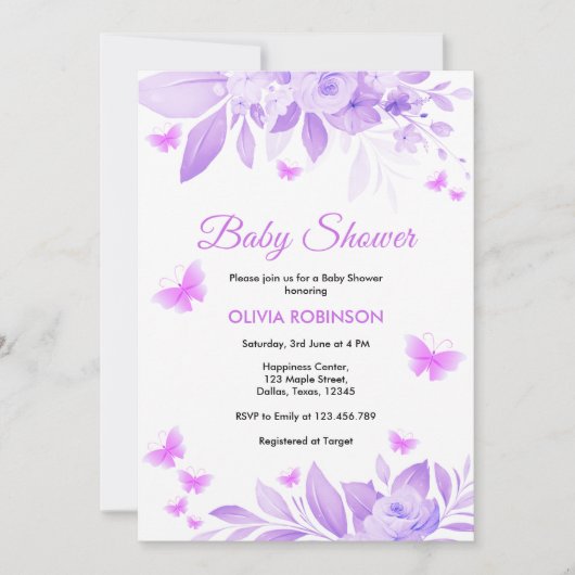 Paarse Bloemen Baby Meisje Vlinder Baby shower Kaart (Voorkant)