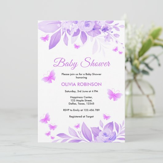 Paarse Bloemen Baby Meisje Vlinder Baby shower Kaart (Staand voorkant)