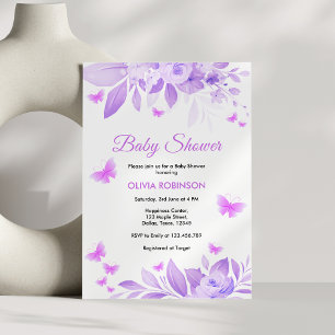 Paarse Bloemen Baby Meisje Vlinder Baby shower Kaart
