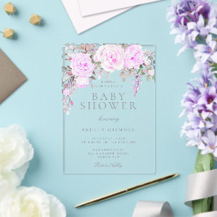 Paarse Bloemen Baby Shower Acryl Uitnodigingen