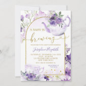 Paarse Bloemen Baby shower Tea Party Uitnodiging (Voorkant)