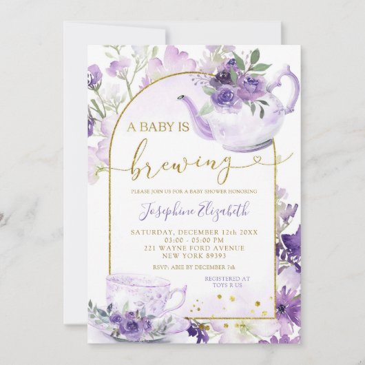 Paarse Bloemen Baby shower Tea Party Uitnodiging (Voorkant)