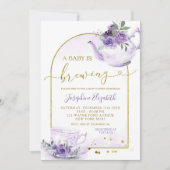 Paarse Bloemen Baby shower Tea Party Uitnodiging (Voorkant)