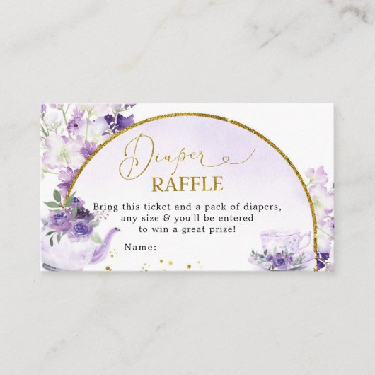 Paarse Bloemen Baby shower Thee Luier Raffle Kaart (Voorkant)