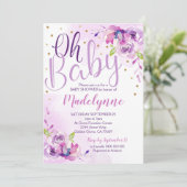 Paarse Bloemen Baby shower uitnodiging (Staand voorkant)