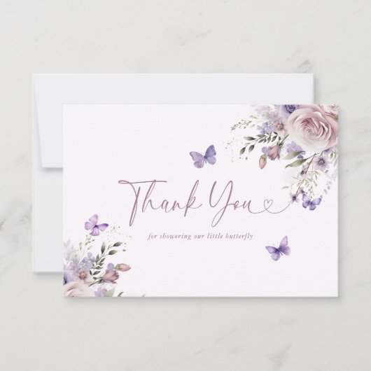 Paarse Bloemen Baby showers Vlinder Dank je kaart (Voorkant)