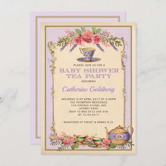 Paarse Bloemen Baby Tea Party Theepot Uitnodigen Kaart (Voorkant / Achterkant)