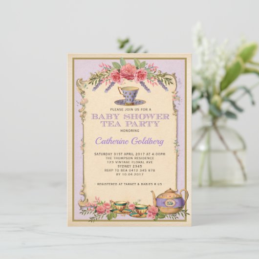 Paarse Bloemen Baby Tea Party Theepot Uitnodigen Kaart (Staand voorkant)