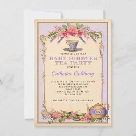 Paarse Bloemen  Baby Tea Party Theepot Uitnodigen Kaart (Voorkant)