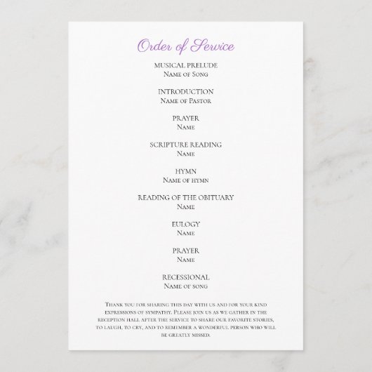 Paarse Bloemen Begrafenis Gedenkteken Orde van Ser Programmakaart (Achterkant)