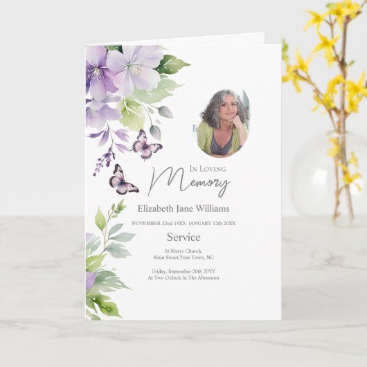 Paarse Bloemen Begrafenis Order of Service 4 Foto Kaart (Gele Bloem)