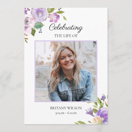 Paarse Bloemen Begrafenis Overlijdensvolgorde Programmakaart (Voorkant)