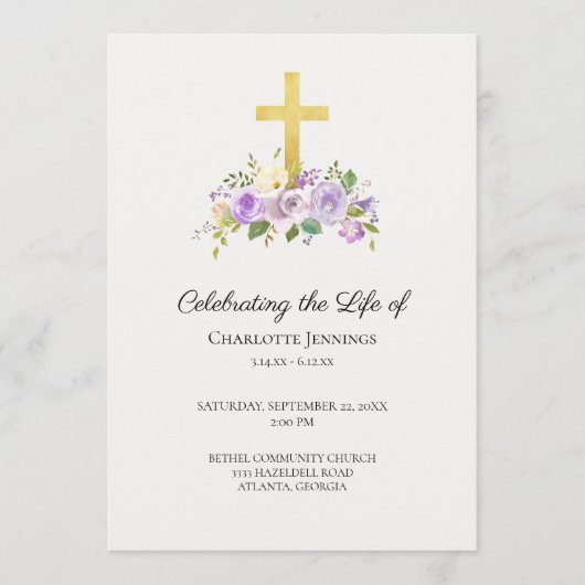 Paarse Bloemen Begrafenis Viering van het Leven Programmakaart (Voorkant)