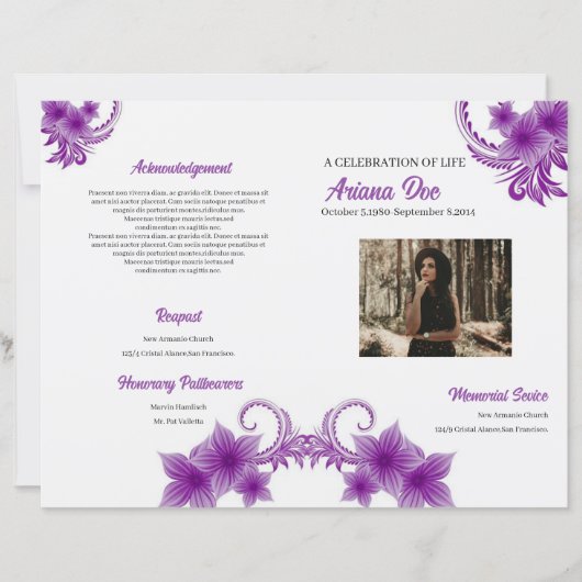 Paarse Bloemen Begrafenisprogramma Sjabloon (Voorkant)